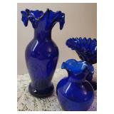 2 Vintage Cobalt Blue Glass Vases and Cobalt Blue Glass Pedestal Dish