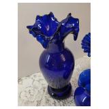 2 Vintage Cobalt Blue Glass Vases and Cobalt Blue Glass Pedestal Dish