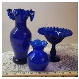 2 Vintage Cobalt Blue Glass Vases and Cobalt Blue Glass Pedestal Dish