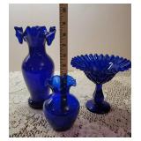 2 Vintage Cobalt Blue Glass Vases and Cobalt Blue Glass Pedestal Dish