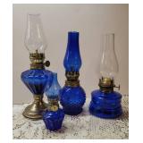 4 Miniature Cobalt Blue Glass Oil Lamps