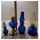 4 Miniature Cobalt Blue Glass Oil Lamps