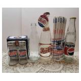 3 Pepsi Cola Bottles, Pepsi Cola Glass with Straws, and Pepsi Cola Salt and Pepper Shakers