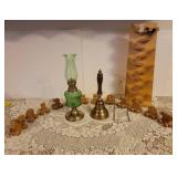 Brass Bell, Oil Lamp, Wood Train