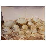 54 Piece Fire King Dishes 12 Dinner Plates, 12 Coffee Cups, 12 Bowls, 12 saucers, 1 Platter, 3 Serving Bowls, and Cream and Sugar Dishes