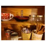 Contents of Kitchen Cabinet (Pottery, Salt and Pepper Shakers, Mini Crockpot, Wooden Utensils, Matches, Jelly Jars, Stoneware, Nut Dish, Coffee Cups) BRING YOUR OWN BOXES!