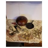 Vintage Bead Pot, Cookie Cutters, 6" Cast Iron Skillet, and Vintage Utensils