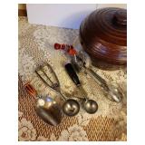 Vintage Bead Pot, Cookie Cutters, 6" Cast Iron Skillet, and Vintage Utensils