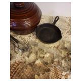 Vintage Bead Pot, Cookie Cutters, 6" Cast Iron Skillet, and Vintage Utensils