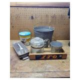 Galvanized Buckets, Kiwi Crate, Coffee Pot, PB Can, And Ice Trays