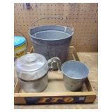 Galvanized Buckets, Kiwi Crate, Coffee Pot, PB Can, And Ice Trays