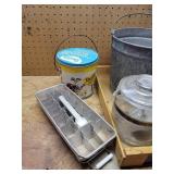 Galvanized Buckets, Kiwi Crate, Coffee Pot, PB Can, And Ice Trays
