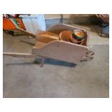 Metal Wheelbarrow, Planter Pole, New Show Shovel, Wooden Wheelbarrow with Garden Edging and Yard Sticks with Advertisement