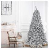 SUNCROWN 7FT Premium Artificial Christmas Tree, Snow Flocked Hinged Pine Tree with Solid Metal Stand for Outdoor and Indoor Holiday Decor in Green and White Retail $99.99