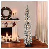 Puleo International 6 ft. Pre-Lit Flocked Alpine Pencil Artificial Christmas Tree -Retail $77.69
