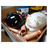 Old Metal Car and Animal Banks / Paper Coin Rolls