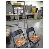 2 Metal Folding Chairs and Small Wood Ladder