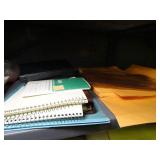 Misc. office supplies- stapler- paper- CD rack- turtle figurine- pen holder