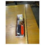 lot of office supplies- stamps- utility knife