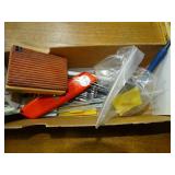 lot of office supplies- stamps- utility knife