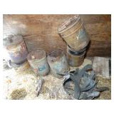 Scrap Metal Parts and Rack + Old Rusty Oil Cans