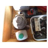 Pallet tub w/ Contents // Electric fence units / Misc tools