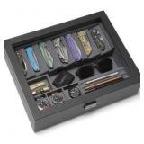 Drop Cache Display Valet - EDC, Blade, Watch, and Jewelry Locking Storage Case, USB Pass-through, Microfiber Lining, Faux Leather, Stackable (Valet), black