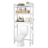 Homykic Over-The-Toilet Storage Bamboo, 3-Tier Space Saver Organizer Rack, Stable Freestanding Anti-Tilt Shelf with 3 Hooks for Laundry, Balcony, Porch, White