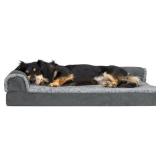 FurHaven Pet Dog Bed Deluxe Orthopedic Faux Fur & Suede L-Shaped Chaise Couch Pet Bed for Dogs & Cats, Stone Gray, Medium