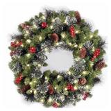National Tree Company 24" Crestwood Spruce Wreath With Silver Bristle, Pine Cones, Berries, Glitter & 50 Led Lights