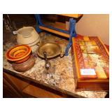 Pottery pitcher/ old paper holder & misc.