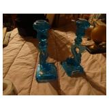 Blue glass candle holder- pair