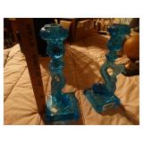 Blue glass candle holder- pair