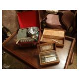 Old camera set, wooden box & music box