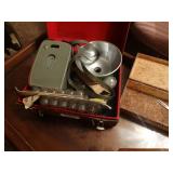 Old camera set, wooden box & music box