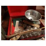 Old camera set, wooden box & music box