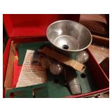 Old camera set, wooden box & music box