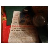 Old camera set, wooden box & music box