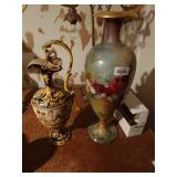 Tall intricate pitcher & tall painted vase