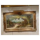 LARGE landscape painting in excellent frame w/ light- signed by artist