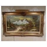 LARGE landscape painting in excellent frame w/ light- signed by artist