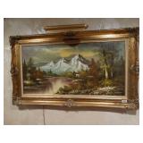 LARGE landscape painting in excellent frame w/ light- signed by artist