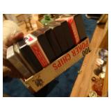 Playing cards, poker chips, automatic card shuffler