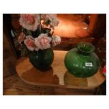 2 large green glass vases