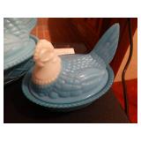 3 blue glass hen on nest bowls