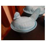 3 blue glass hen on nest bowls