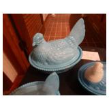 3 blue glass hen on nest bowls