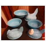 3 blue glass hen on nest bowls