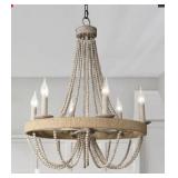 Aged Wood Beaded 6-Light Candle Chandelier- Aged Wood-