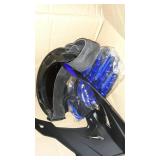 blue and black motorcycle helmet with gloves